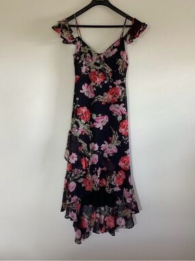 Speechless Black Floral High-Low Dress with Pink & Red Blooms